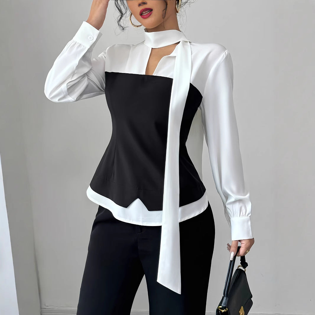 Dame Elegant skåret bluse med sløjfe krave Stilla