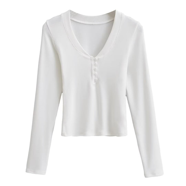 Dame Langærmet Henley T-shirt med elegant V-udskæring og fashionable knapdetalje Stilla