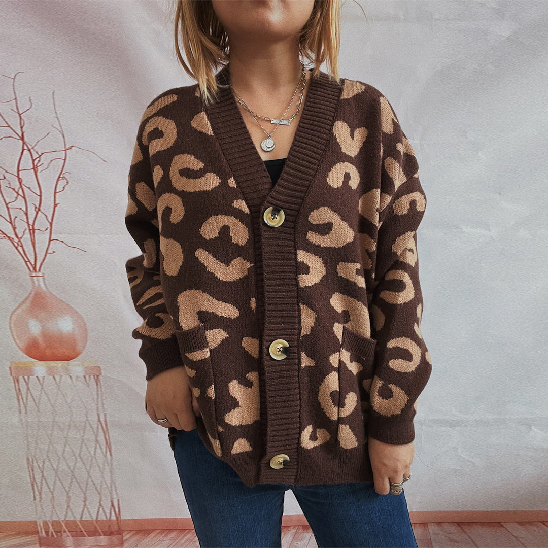 Kvinders varme cardigan med løse ærmer og fashionable leo mønster Stilla