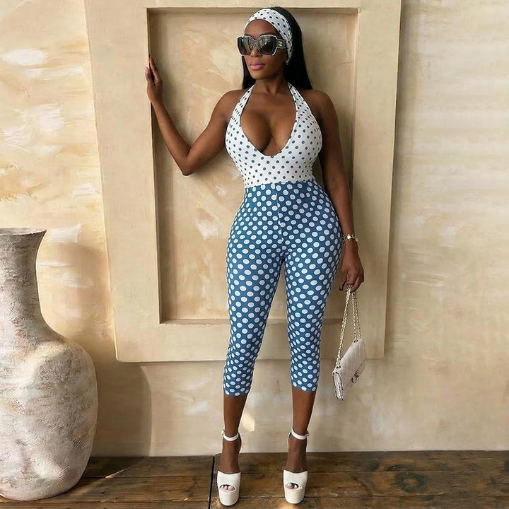 Damen Polka-Dot Jumpsuit mit tiefem V-Ausschnitt und elastischem Material Skovae