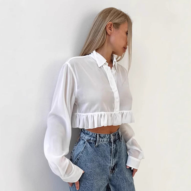 Dame Crop-bluse med flæseafslutning og moderne ballonærmer Stilla