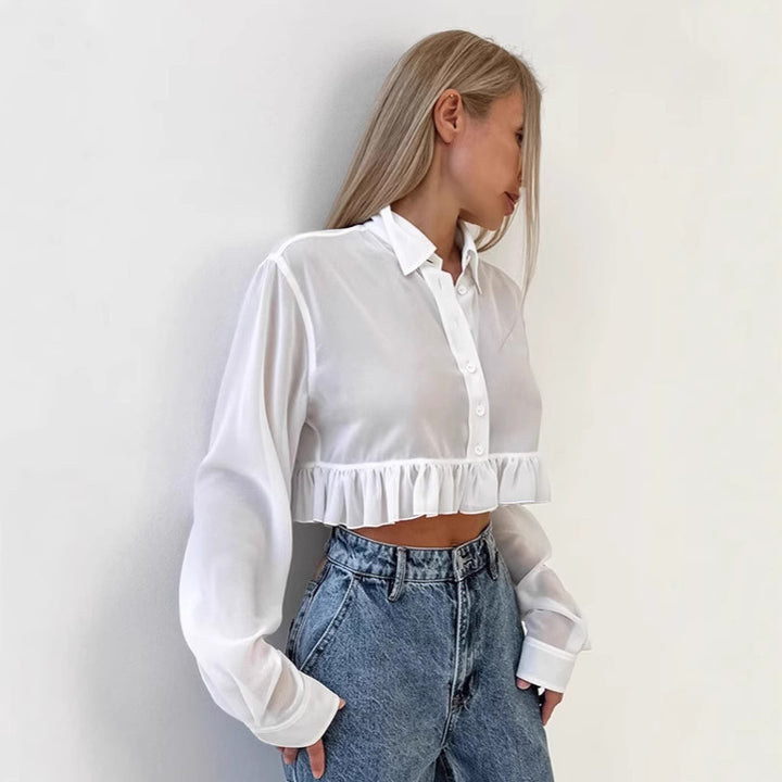 Dame Crop-bluse med flæseafslutning og moderne ballonærmer Stilla