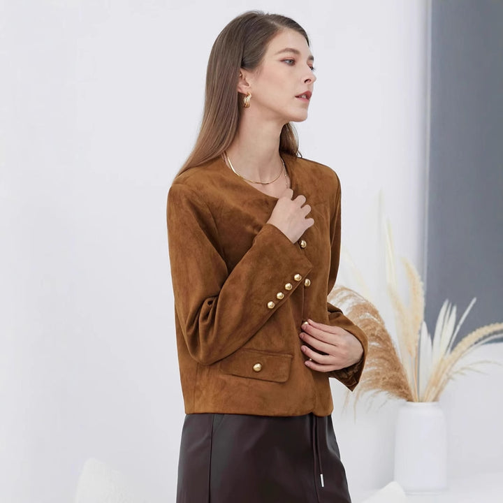Dame Elegant Suede-Jakke med dekorative Knapper Stilla