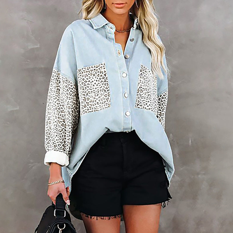 Dame Oversized Skjorte med Leopardmønster og Trykknapper Stilla