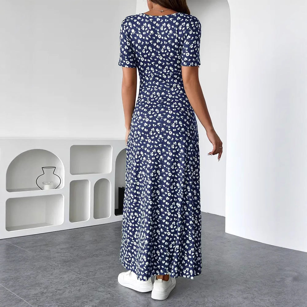Dame nan taillérisk Jersey-midi kjole med crossover-overdel, korte ærmer og udstillet skirt Skovae