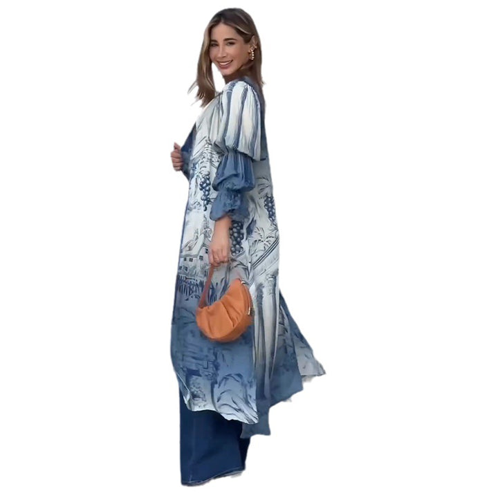 Dame kimono med blomsterlogo og afslappede flæseærmer Stilla