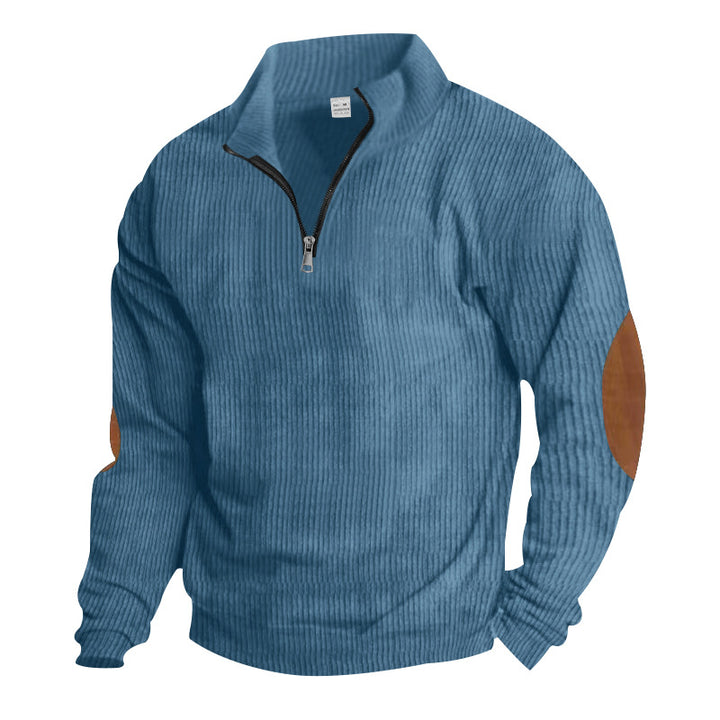 Herren nan ribbet finstrik pullover med kort lynlås ståkrave og læderlook albuepatches Skovae