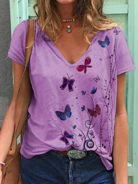 Dame V-hals sommerfugl tryk T-shirt Stilla