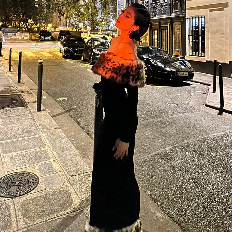 Dame Elegant Maxikjole med aftagelig leopardpelskrave Stilla
