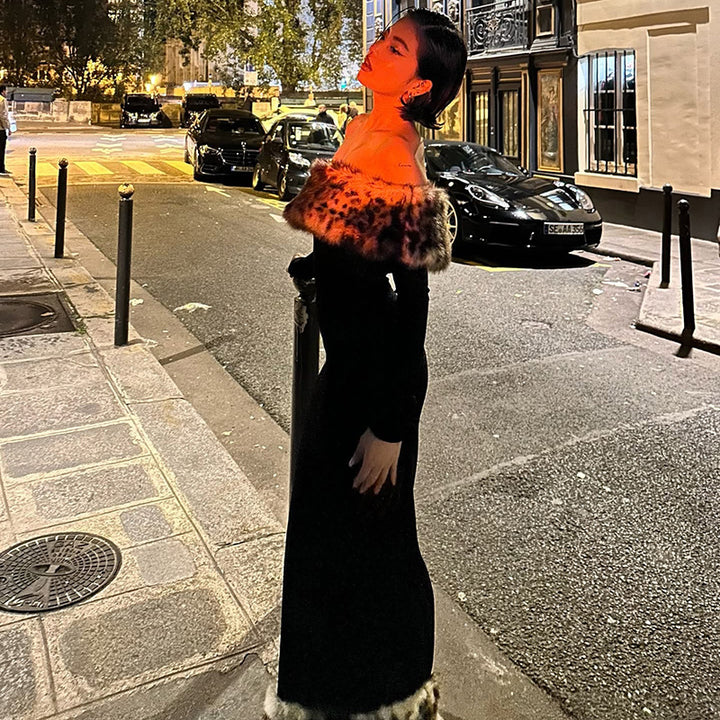 Dame Elegant Maxikjole med aftagelig leopardpelskrave Stilla
