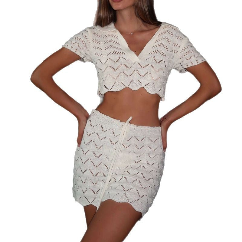 Dame luftigt hækle-sæt med crop-top og miniskørt Stilla