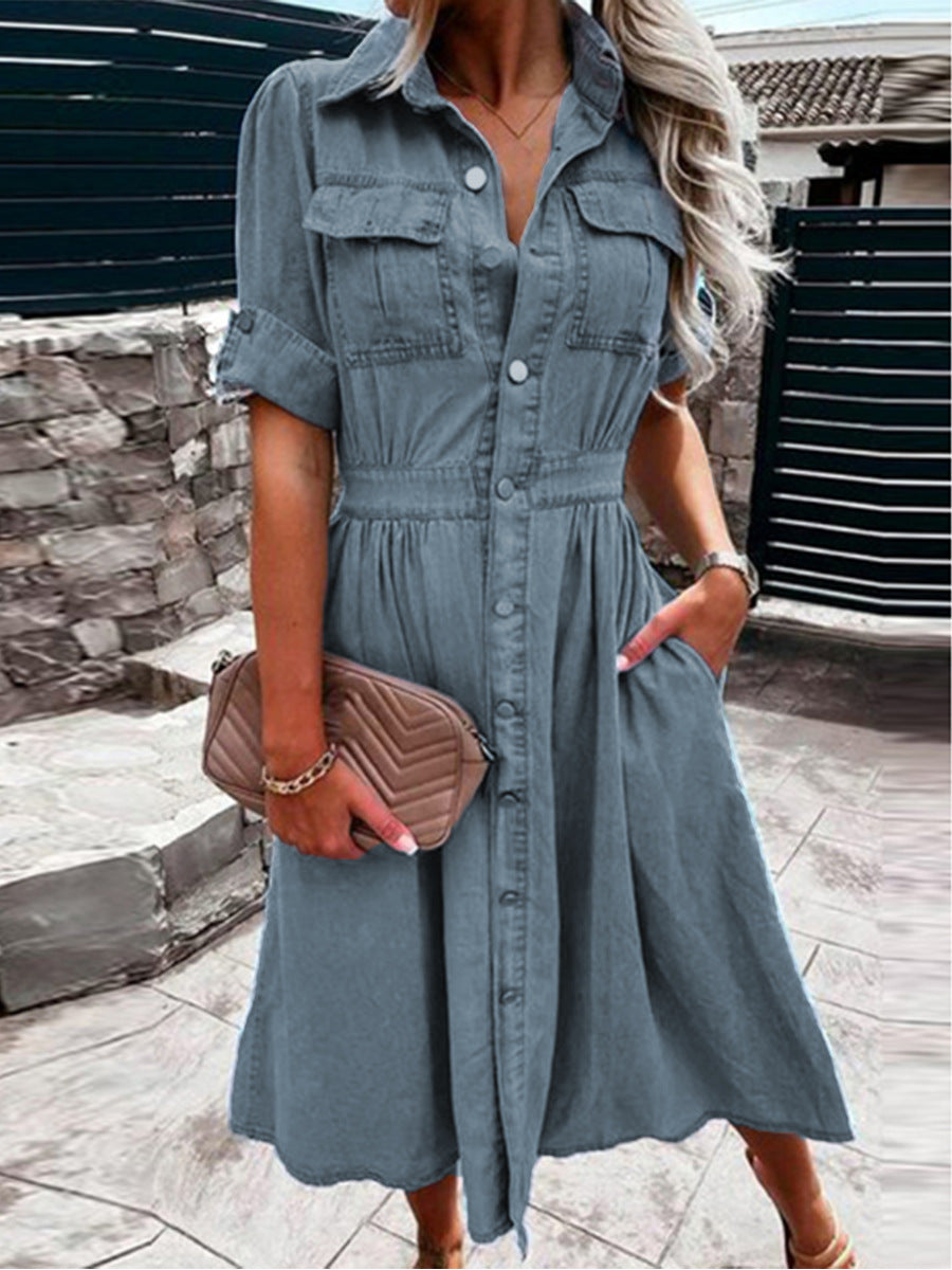 Kvindernes denim skjortekjole med praktiske lommer og elegant talje Stilla