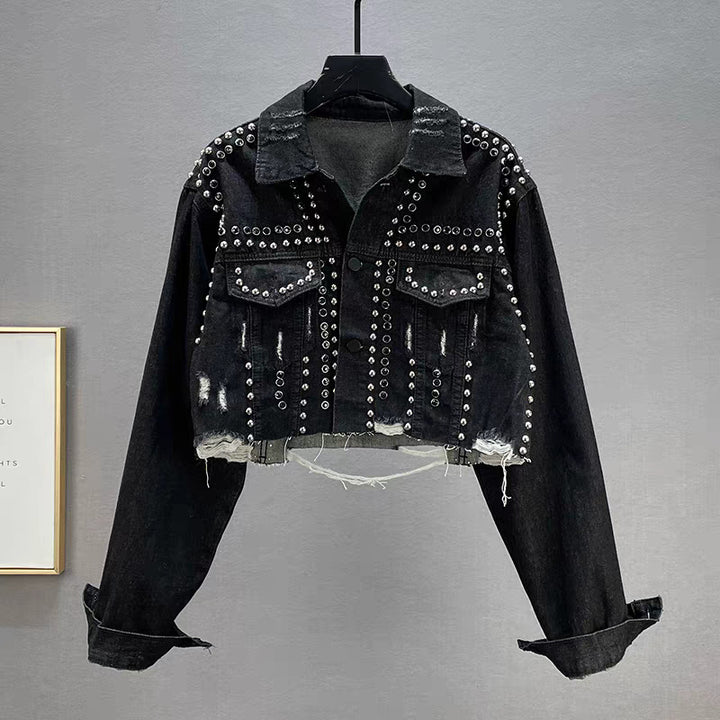 Kvinders designer denimjakke med nitter og frynser Stilla