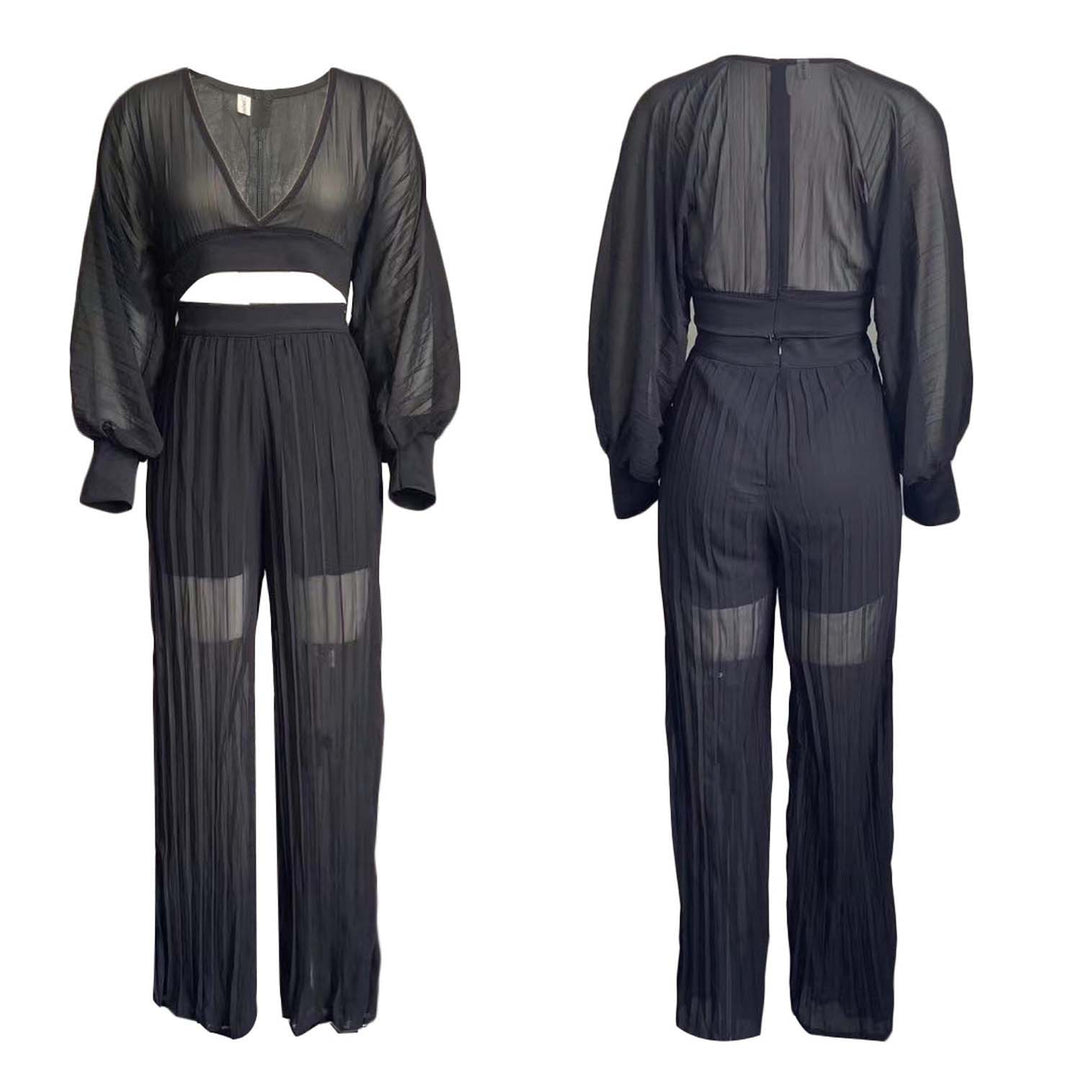 Dame Plisseret Jumpsuit med højtstående udskæring og ballonærmer Stilla