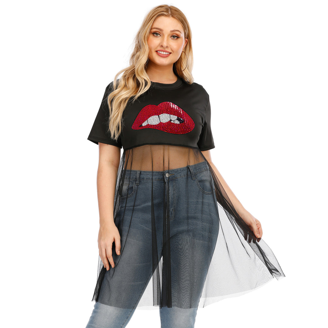 Dame moderigtigt Crop-Top med transparent overtræk og glimmerbesætning Skovae