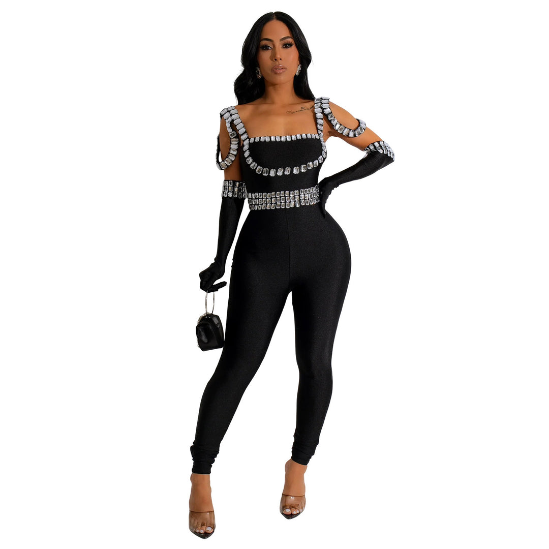 Dame Glamourøs Figurbetonet Jumpsuit med Strassdekorationer Stilla