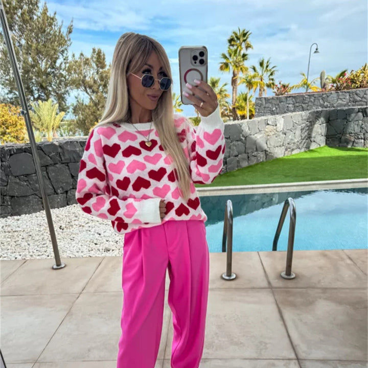 Kvinders sweater med hjerte mønster og blødt strik design Stilla