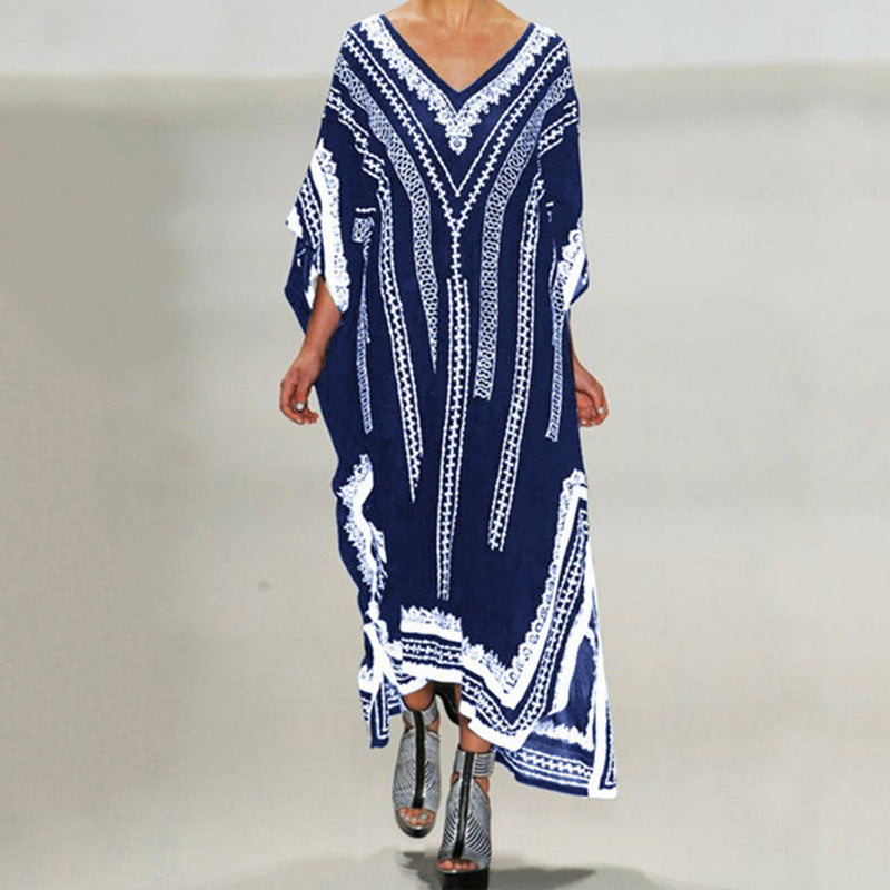 Dame Kaftan med kunstnerisk etnomønster og brede ærmer Stilla
