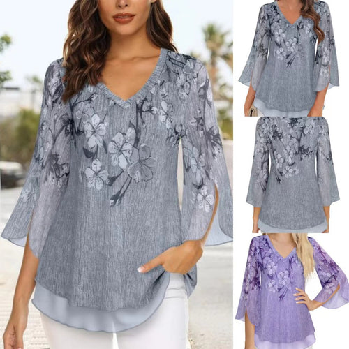 Dame elegant chiffonbluse med florale applikationer og bred ærme Stilla