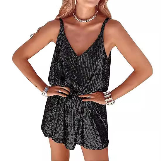Kvinders glitrende jumpsuit med dyb V-hals og elastisk talje Skovae
