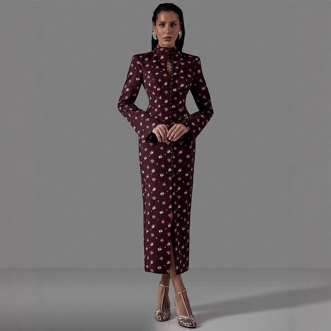 Damer Elegant Langærmet Kjole med Blomsterprint og Høj Halskrave