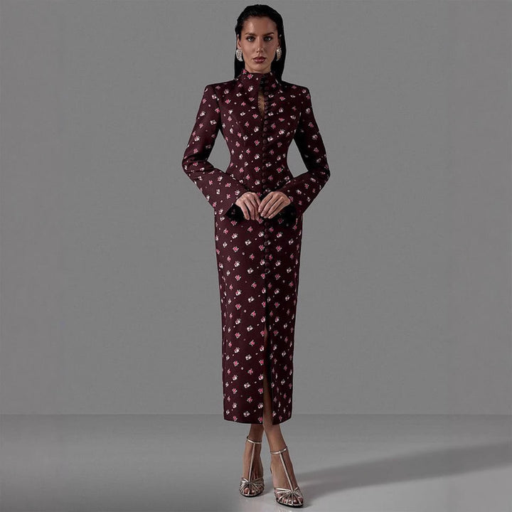 Damer Elegant Langærmet Kjole med Blomsterprint og Høj Halskrave