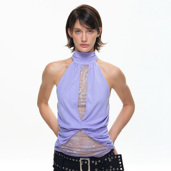 Dame elegant strappy top med gennemsigtige indsatser og rynkning Skovae
