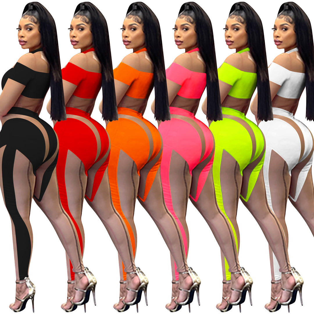Dame Off-Shoulder Crop-Top og Leggings Sæt med transparente indsatser Stilla