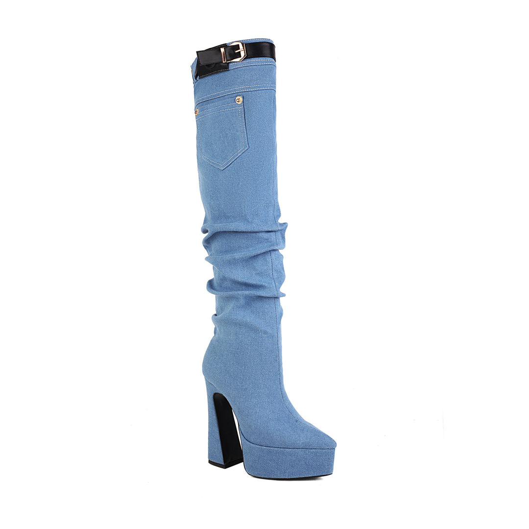 Femme Slouchy Denim Over-knæ Plattformstøvler Stilla
