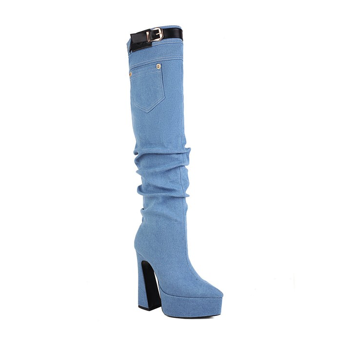 Femme Slouchy Denim Over-knæ Plattformstøvler Stilla