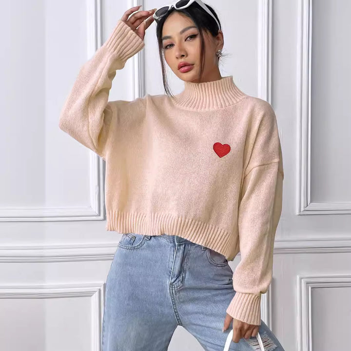 Dame hyggelig turtleneck sweater med hjerteapplikation Stilla
