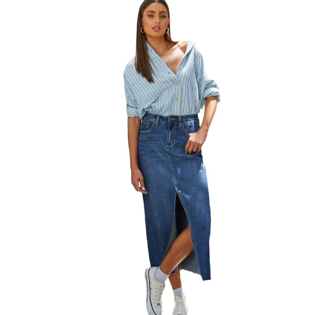 Femme Høj Slids Denim Midi Skirt Stilla