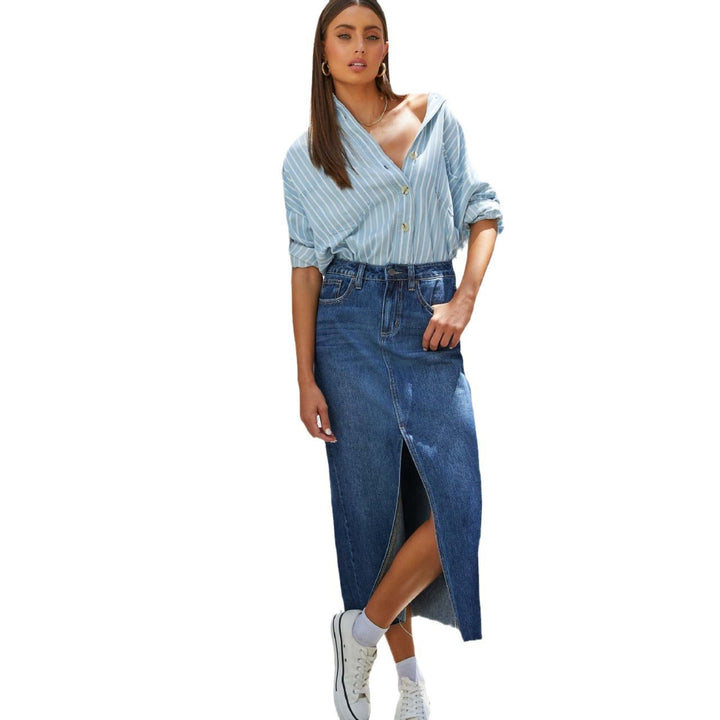 Femme Høj Slids Denim Midi Skirt Stilla