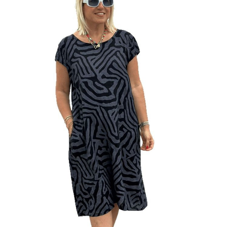 Dame knælang A-linie-midi kjole med struktureret jacquard-look og rund halsudskæring Skovae