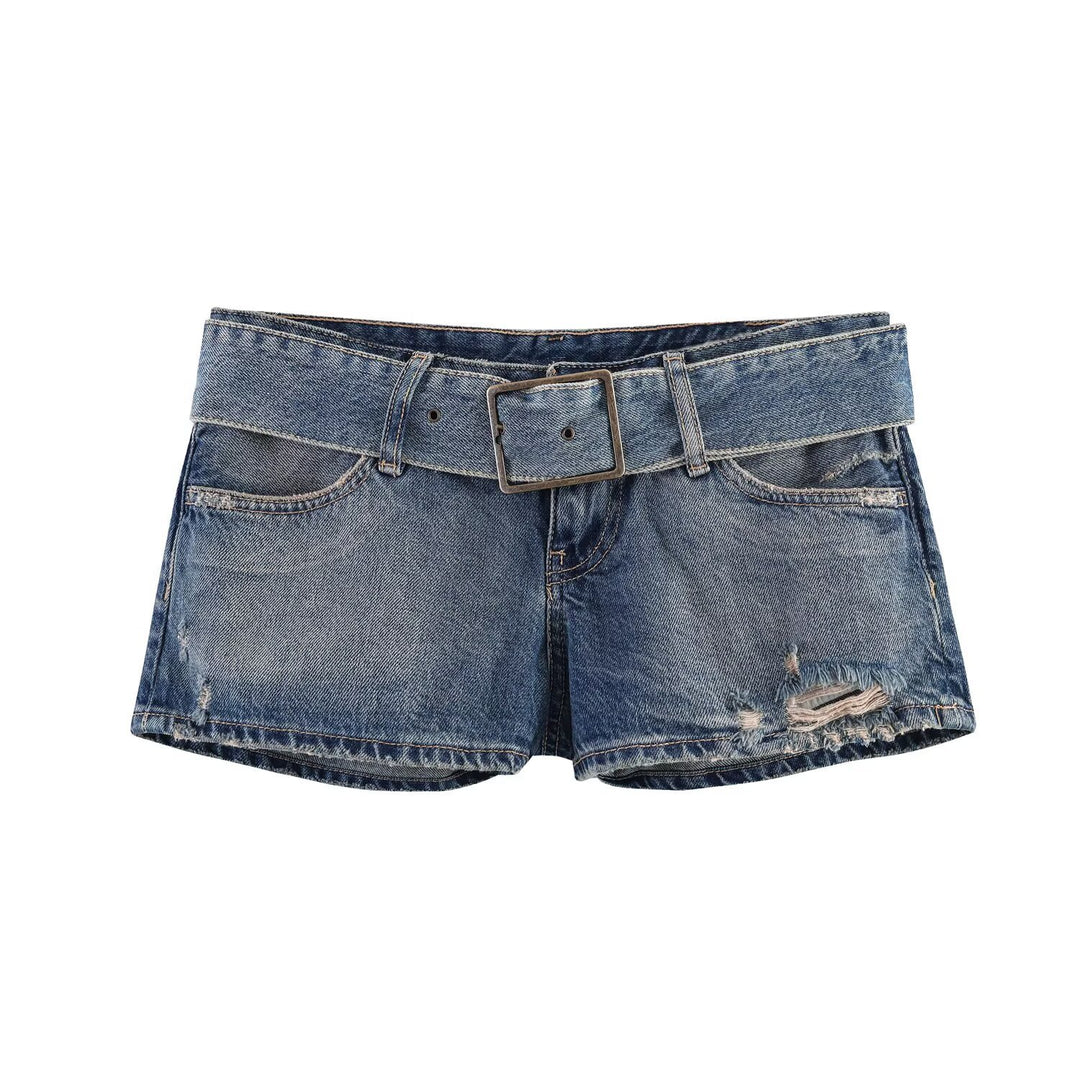 Dame mode Z destroyed denim shorts med justerbart bælte Skovae