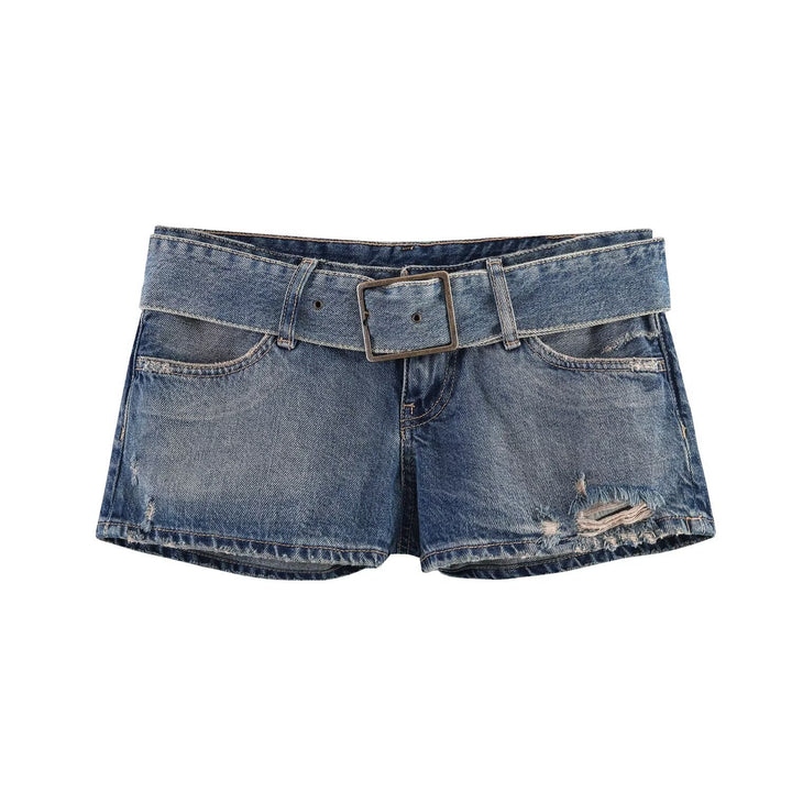 Dame mode Z destroyed denim shorts med justerbart bælte Skovae