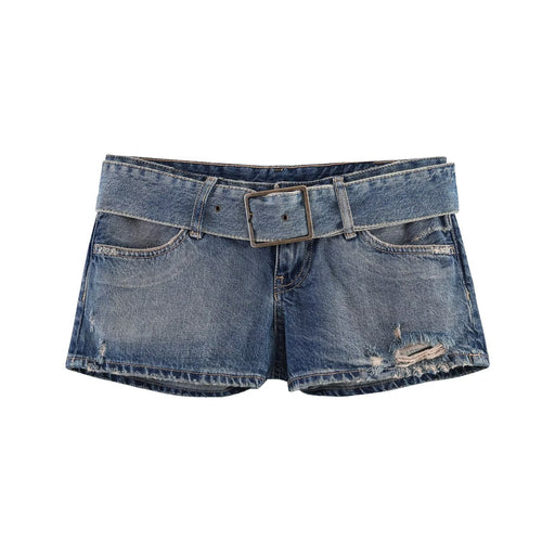 Dame mode Z destroyed denim shorts med justerbart bælte Skovae