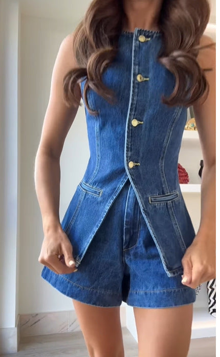 Dame Denim Overalls med smart snit og knapdetaljer Skovae