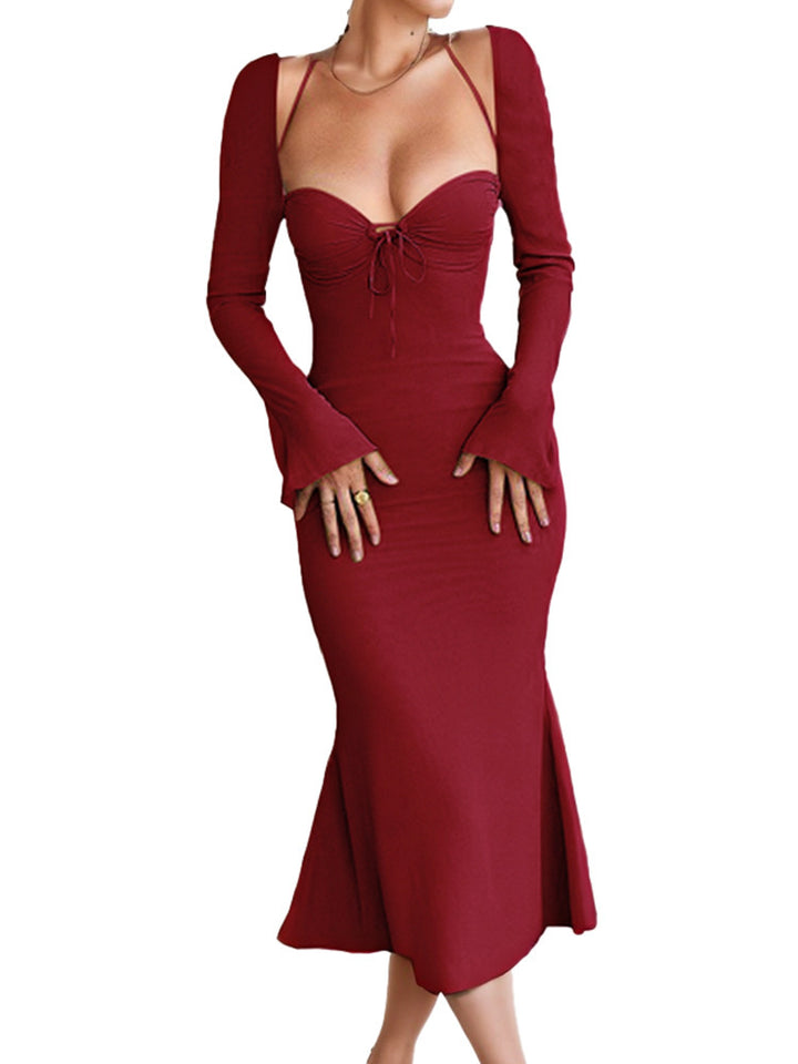 Damer Figur-Flat Maxi Kjole med Stilfuld Snøring og Elegante Ærmer Skovae