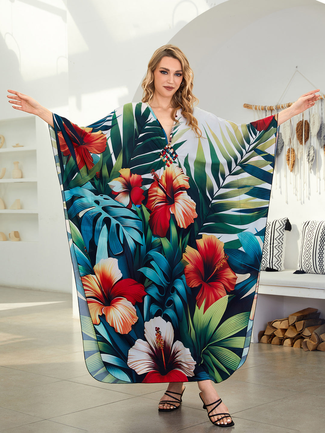 Dame Strandkaftan med blomsterdesign og luftig snit Stilla