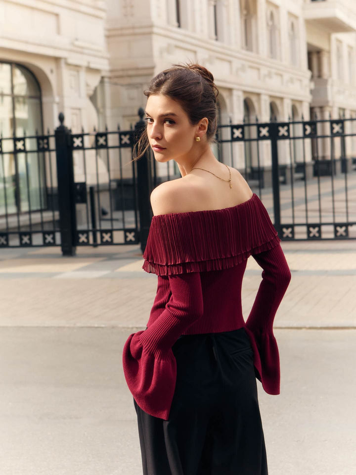 Dame Raffineret Off-Shoulder-Striktrøje med Flæser og Knapliste Stilla