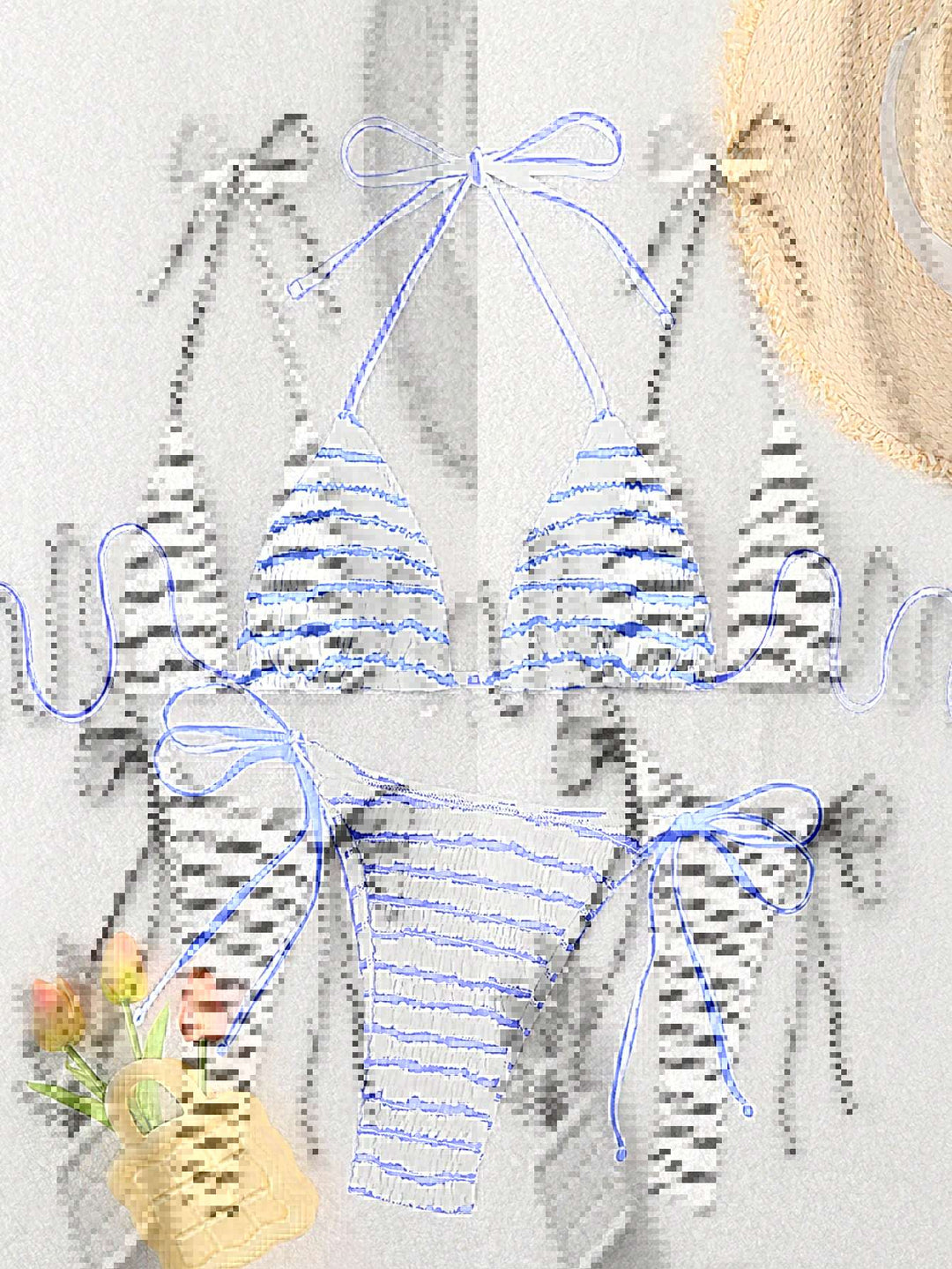 Dame triangle bikini med fint stribemønster og raffinerede bindebånd Skovae