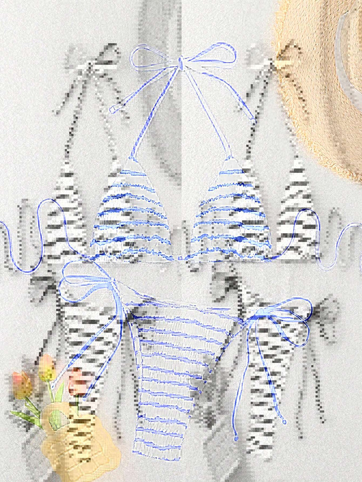 Dame triangle bikini med fint stribemønster og raffinerede bindebånd Skovae