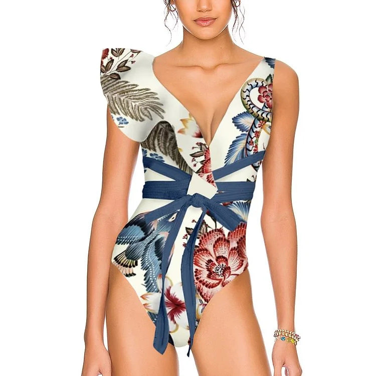 Dame badetøj sæt med blomster ruffles og tætsiddende shorts Skovae
