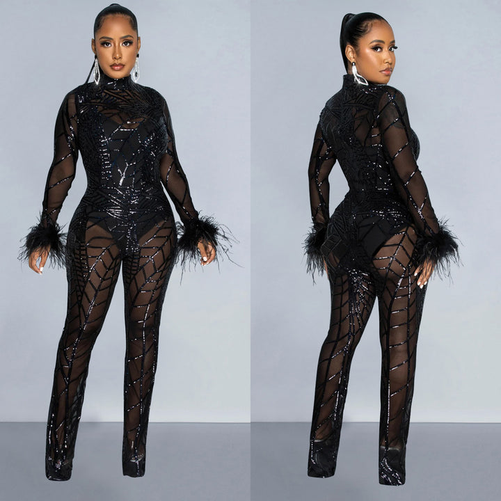 Dame Elegant Jumpsuit med gennemsigtigt overmateriale og glamourøse strassdetaljer Stilla