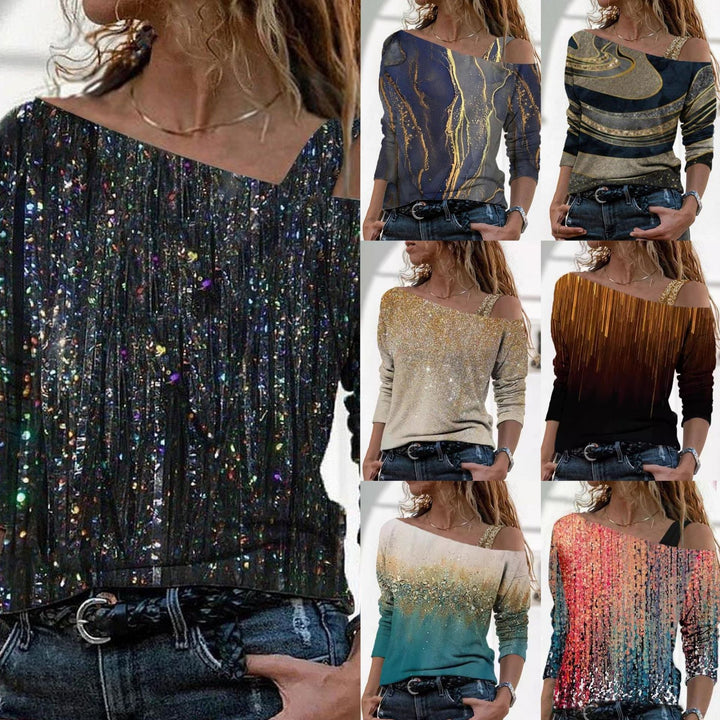 Stilla | Trendy Marmorprint Off-Shoulder Mellemlang Ærme Tee