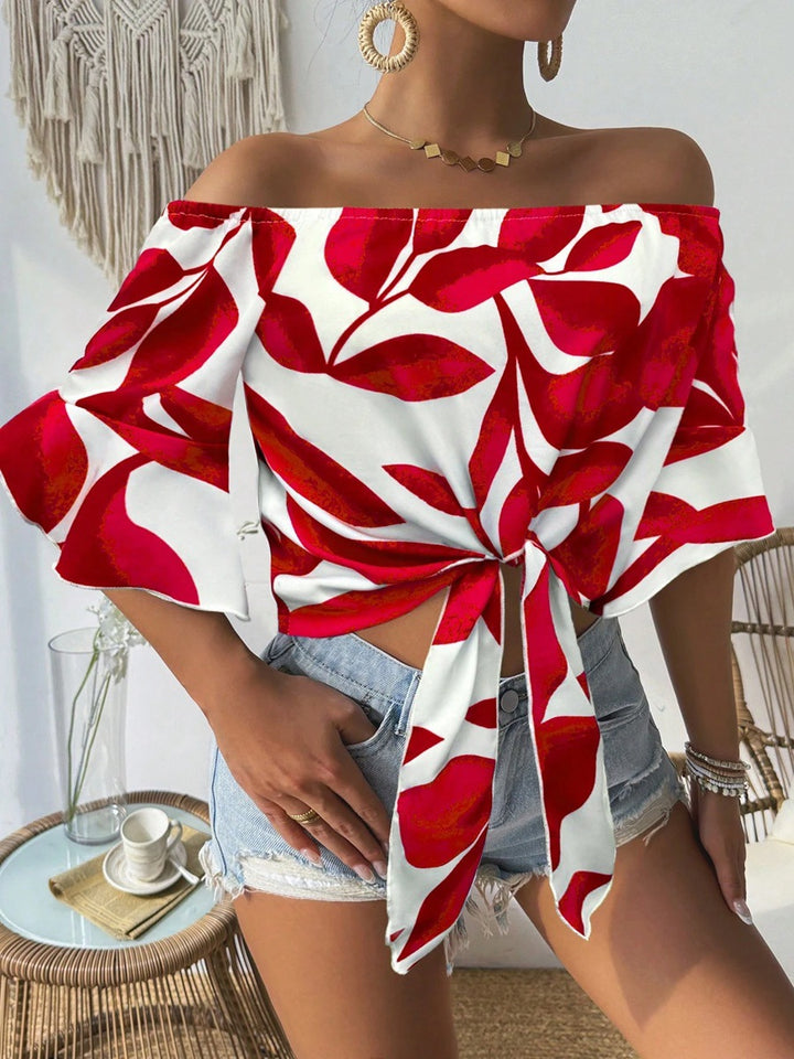 Dame Off-Shoulder Bluse med blomstermønster og justerbar knude Skovae
