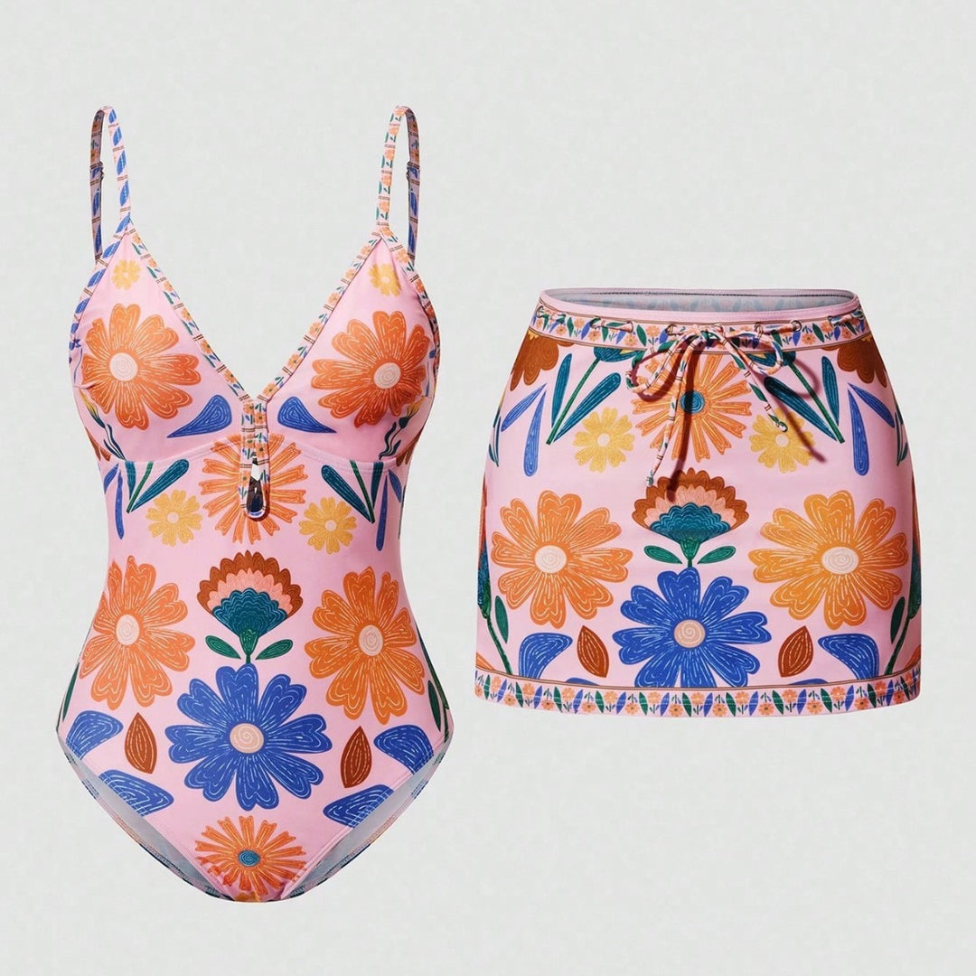 Dame badedragt med et floralt design og aftagelig nederdel Skovae