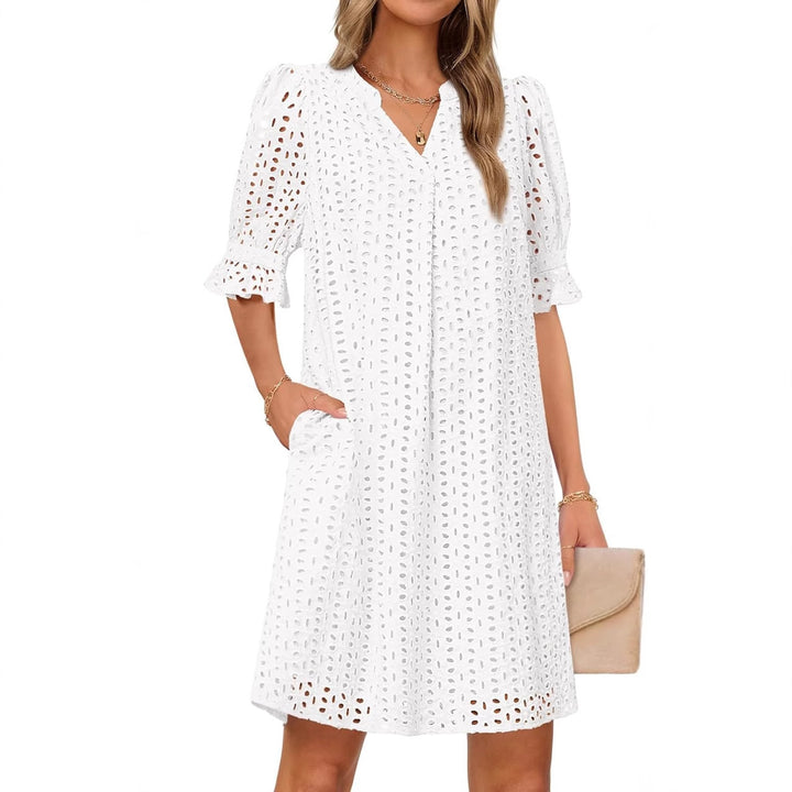 Kvinder Eyelet Midi Kjole med Puffærmer Stilla