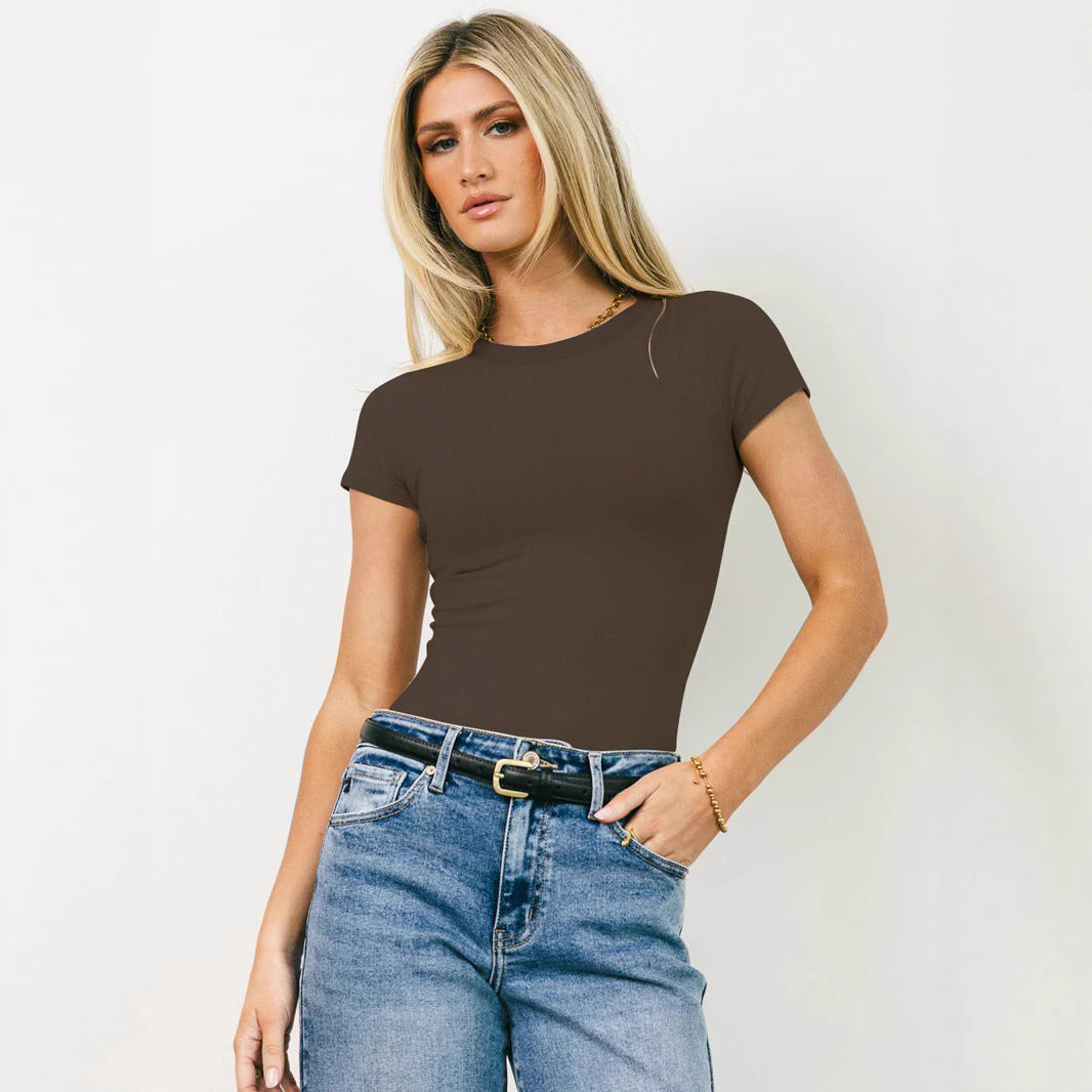 Dame figurtilpasset Basic-T-shirt i ribstrikdesign med korte ærmer Stilla